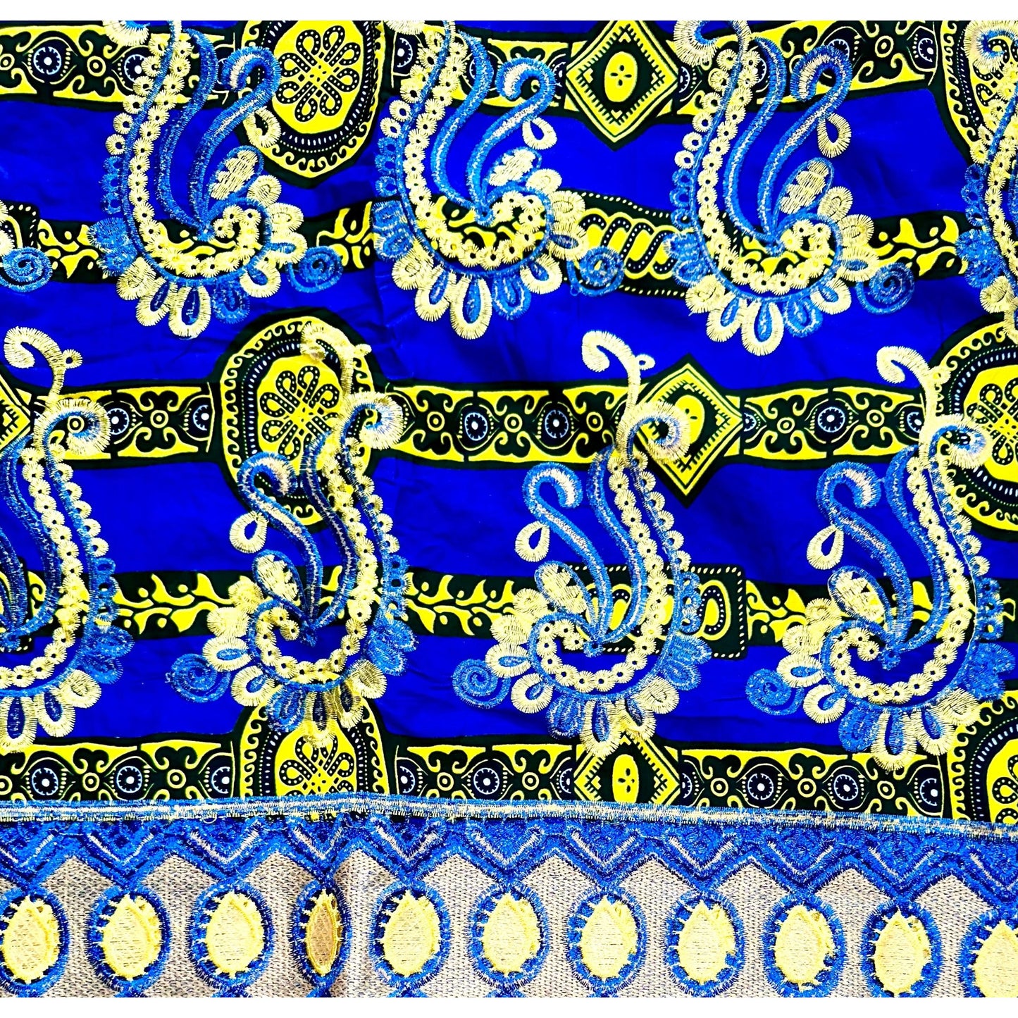 African Print Lace Fabric/ Ankara - Blue, Yellow, Black 'Singita', Yard or Wholesale