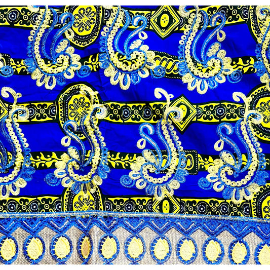 African Print Lace Fabric/ Ankara - Blue, Yellow, Black 'Singita', Yard or Wholesale