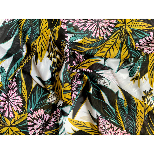 African Print, Chiffon Fabric- Pink, Teal, Black, Gold "Views from Nungwi Beach", ~ 2 Yards