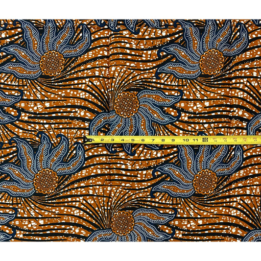 African Print Fabric/ Ankara - Brown, Navy ‘Forward Motion Only' Design, 1 YARD