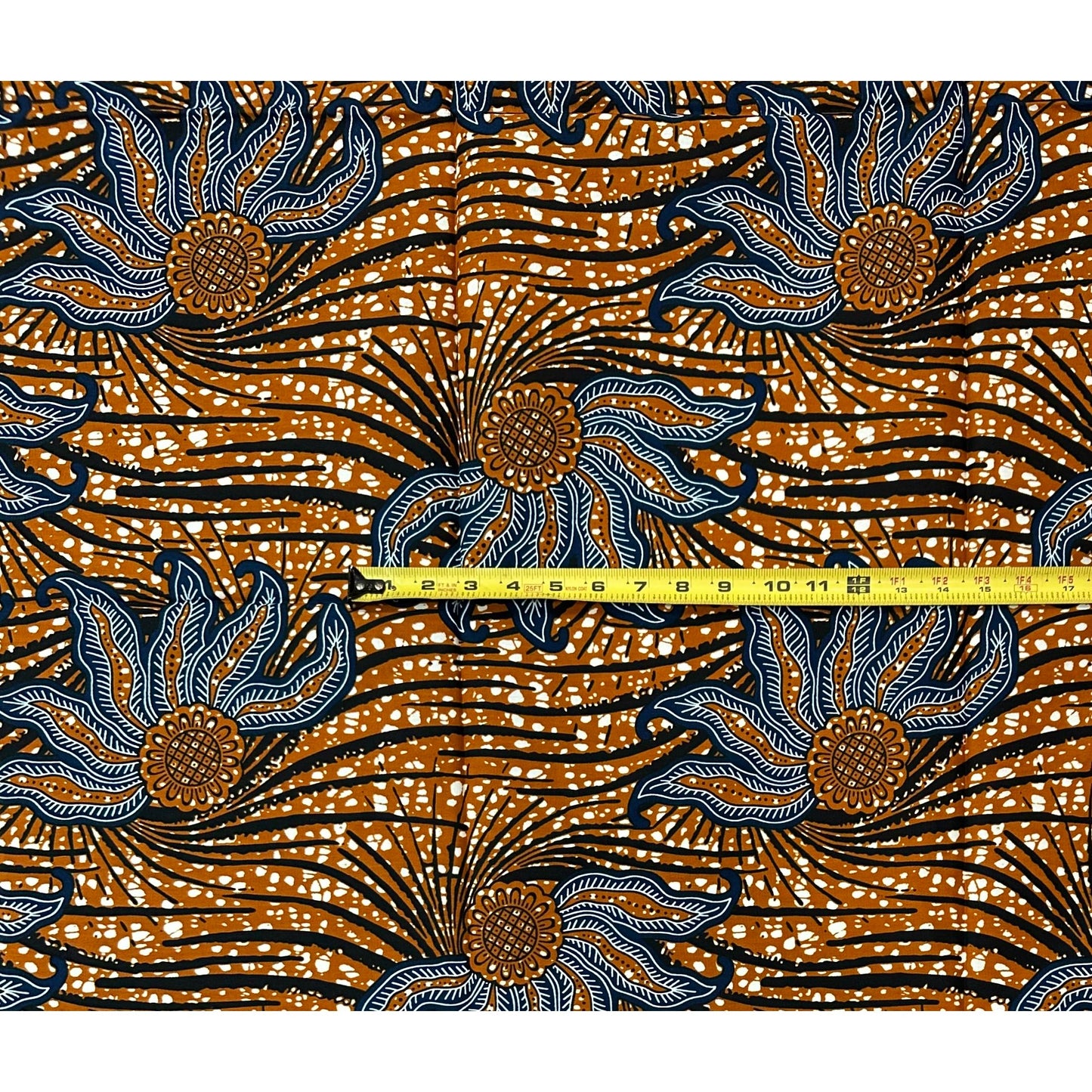 African Print Fabric/ Ankara - Brown, Navy ‘Forward Motion Only' Design, 1 YARD