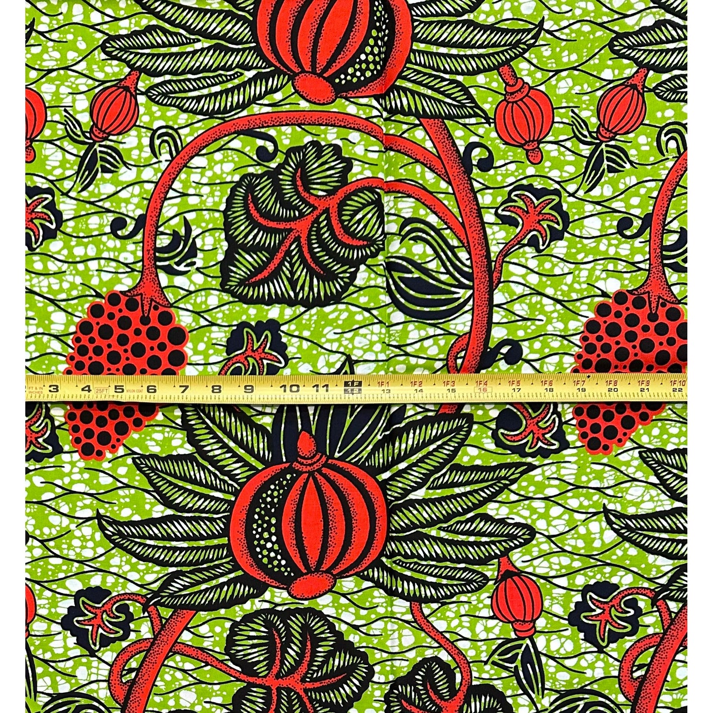 African Print Fabric/ Ankara - Green, Dark Orange, Black "New Growth Market" Design, Yard