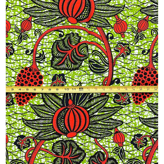 African Print Fabric/ Ankara - Green, Dark Orange, Black "New Growth Market" Design, Yard