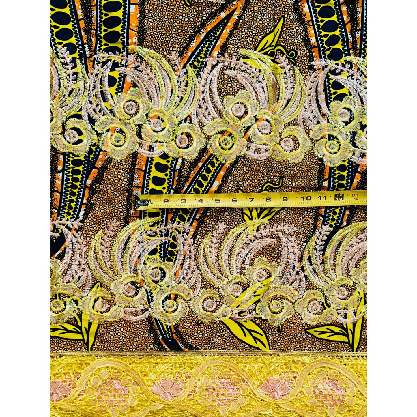 African Print Lace Fabric/ Ankara - Yellow, Orange, Navy 'Iyahen Swirl', Yard or Wholesale