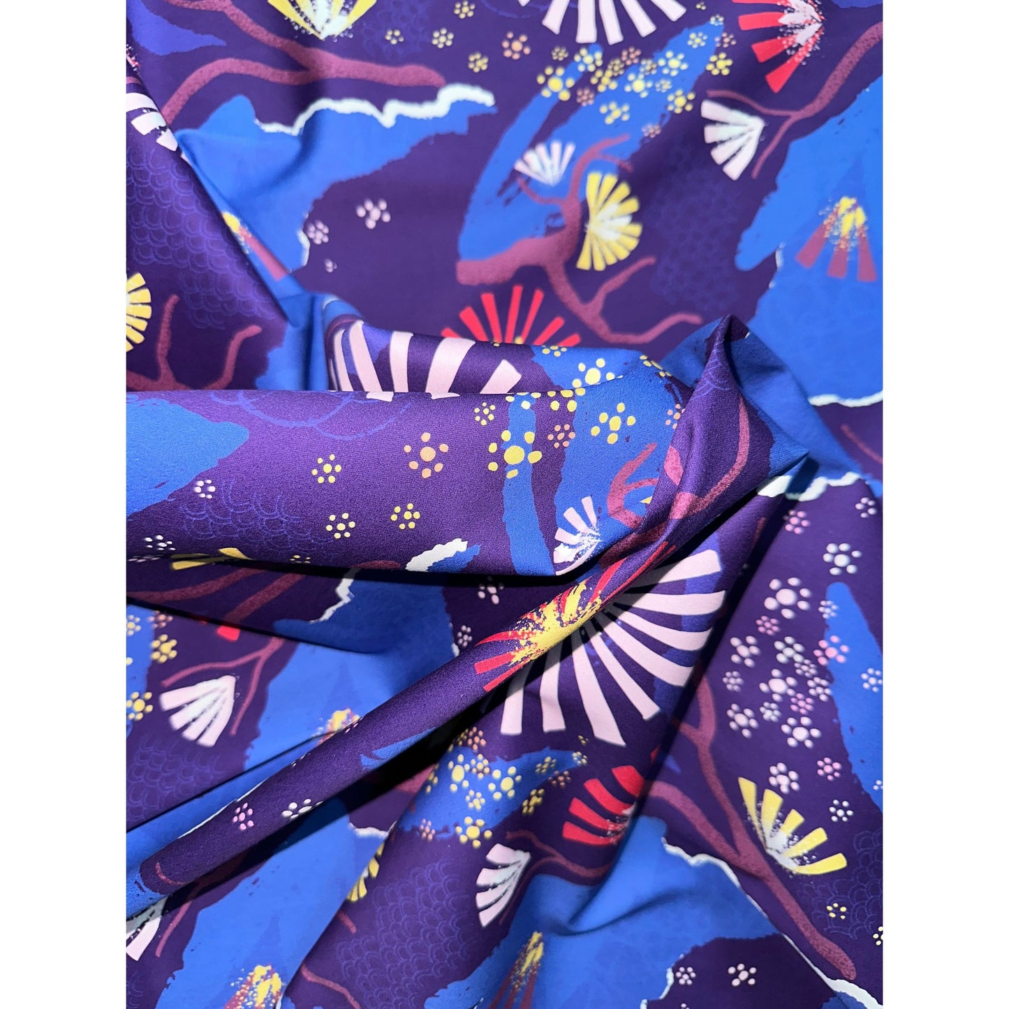 African Print, Stretch Cotton Satin Fabric- Blue, Purple, Pink "Venus Rising", Per Yard