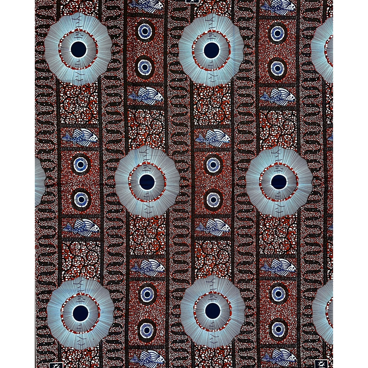 African Print Fabric/ Ankara - Brown, Navy, White "Market Staples", YARD or WHOLESALE