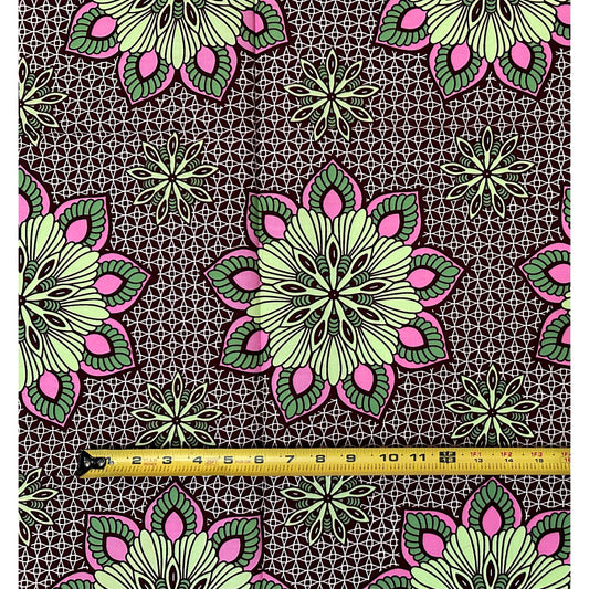 African Print Fabric/ Ankara - Brown, Green, Pink ‘Floral Mandala' Design, 1 YARD