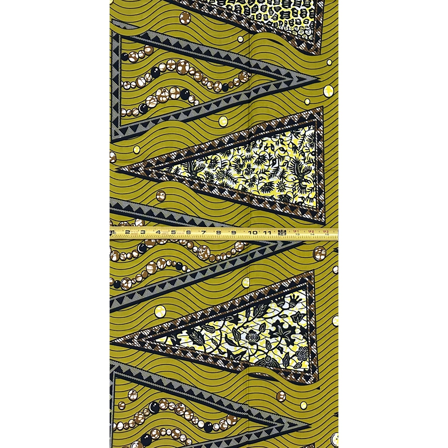 African Print Fabric/ Ankara - Green, Yellow, Brown 'Cross River Geometry' Design, 1 Yard