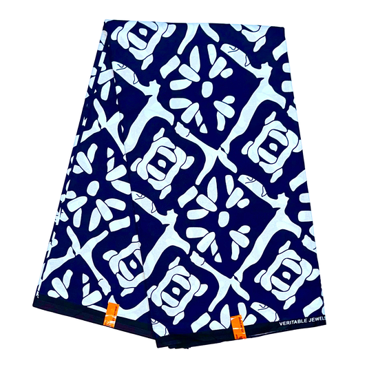 African Print Fabric/ Ankara - Navy, White 'Level Don Change' Design, YARD or WHOLESALE