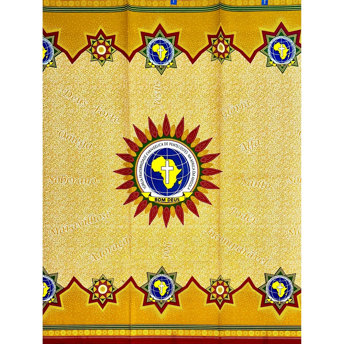 African Print Fabric/ Ankara - Mustard Yellow, Dark Red 'Bom Deus,’ 1 YARD