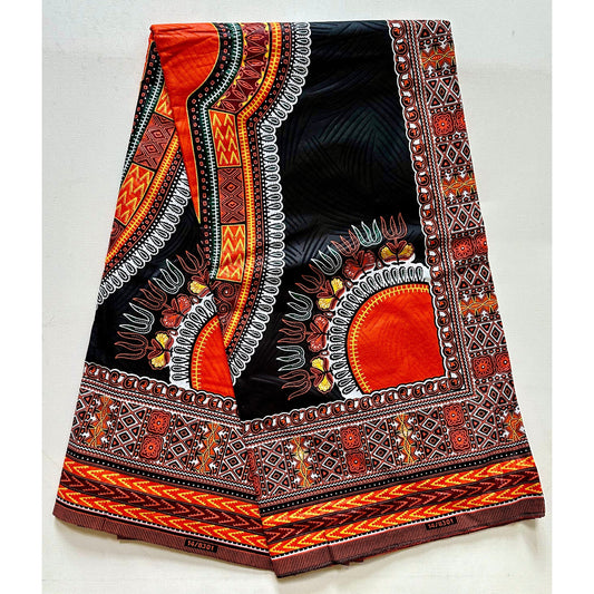 African Dashiki Print Fabric/ Ankara - Beautiful Black & Orange Design, YARD, PANEL or WHOLESALE
