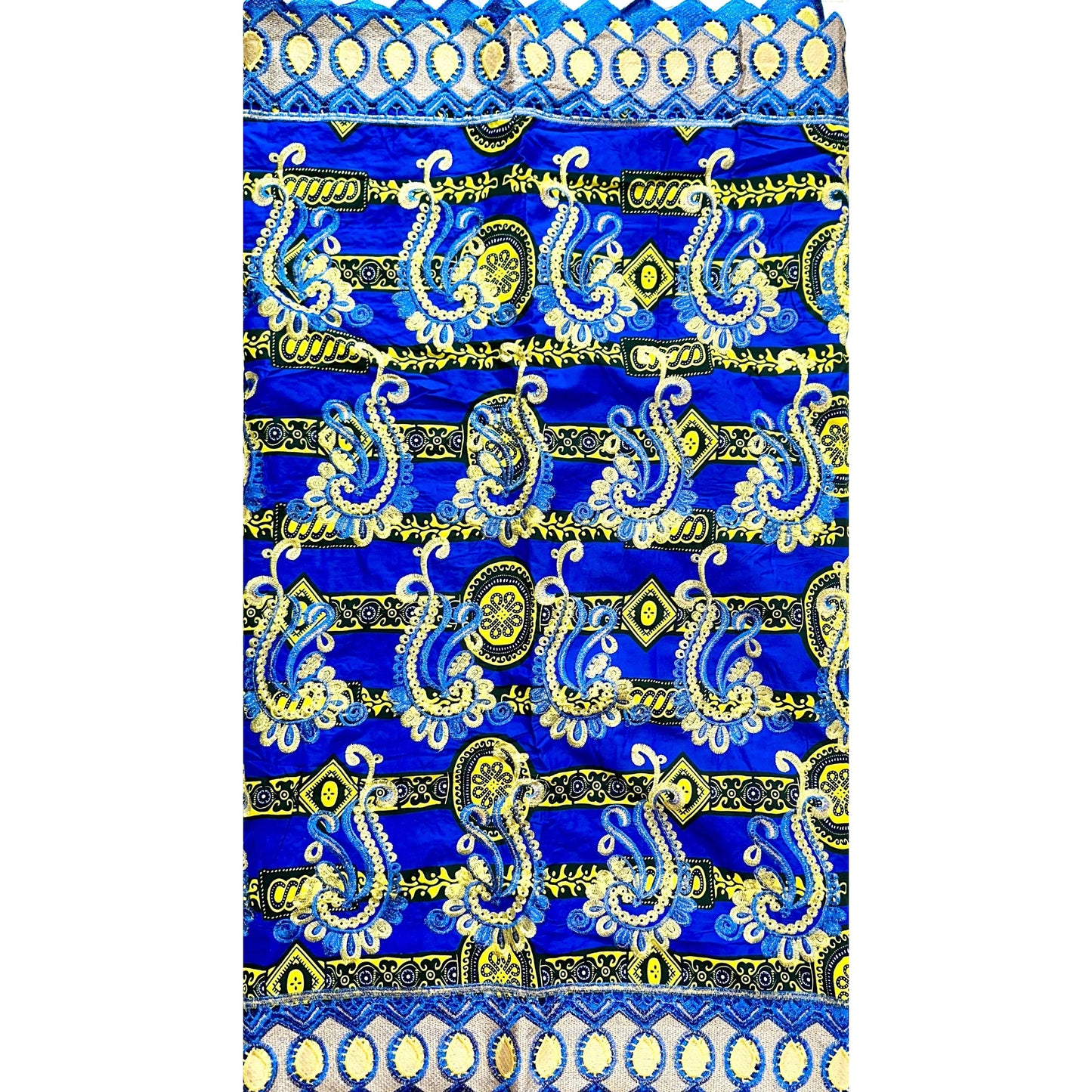 African Print Lace Fabric/ Ankara - Blue, Yellow, Black 'Singita', Yard or Wholesale