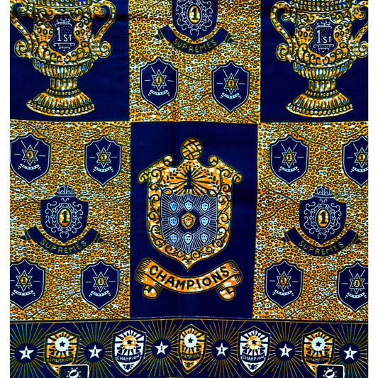 African Print Fabric/ Ankara - Orange, Navy 'The Champs Are Here,’ YARD or WHOLESALE