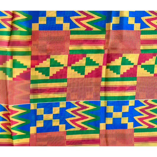 African Print, Chiffon Fabric - Yellow, Blue, Red, Green "Emperor’s Kente", ~2 Yards