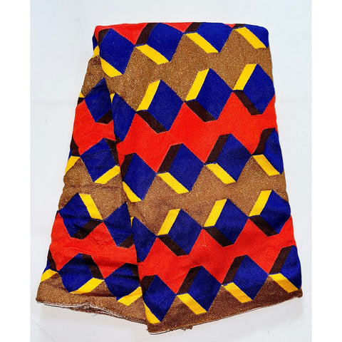 African Fabric/ Woven Kente - Orange, Blue, Yellow, Brown, Metallic Gold “Awusi”, 4 Yards