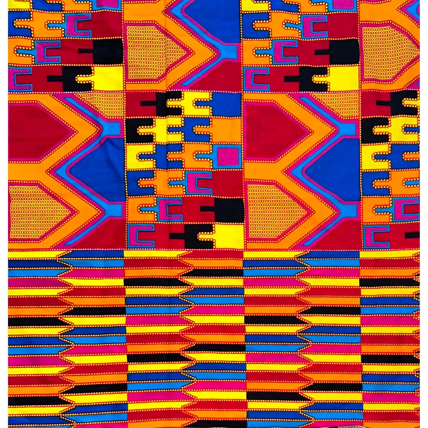 African Print Fabric/ Ankara - Blue, Orange, Red 'Shakirat' Kente, YARD or WHOLESALE