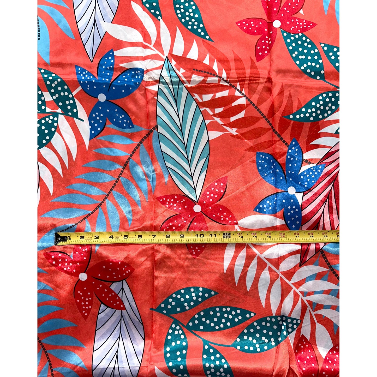 African Print, Satin Fabric - Dark Salmon, Blue, Teal "Athilah’s Garden", Per Yard or Wholesale