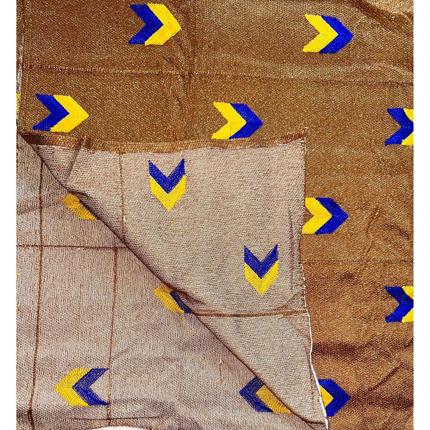 African Fabric/ Woven, Kente - Brown, Blue, Yellow & Metallic Gold “Agyei”, ~2 Yards