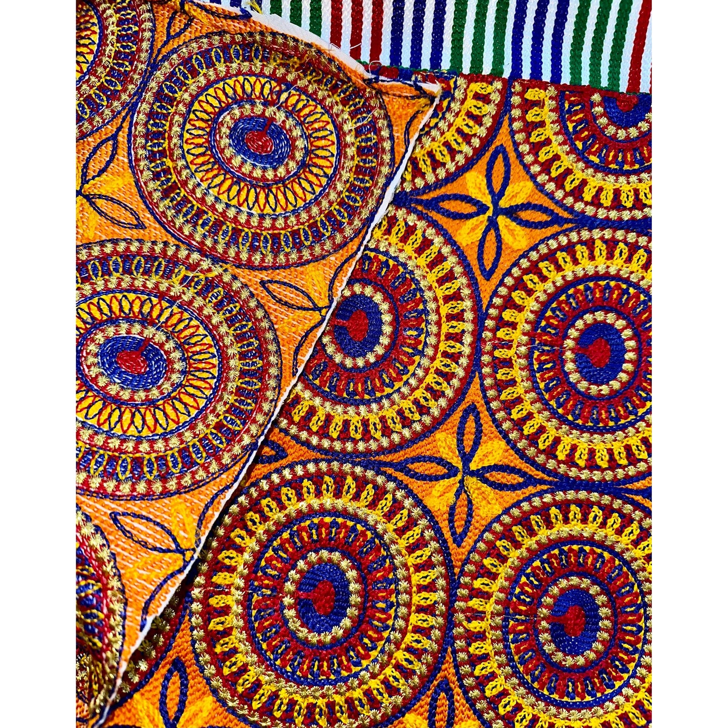 African Fabric/ Woven Kente - Orange, Red, Blue, Green, Metallic Gold “Aboagye”, 6 Yards