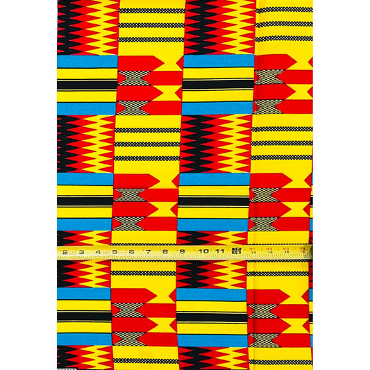 African Print Fabric/Ankara - Red, Yellow, Blue "Asanteman Grid" Kente, 1 Yard
