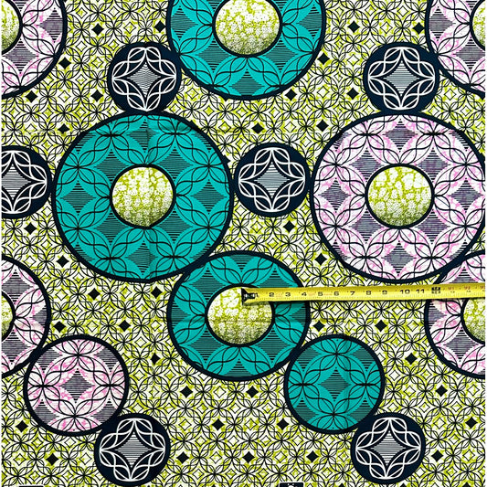 African Print Fabric/ Ankara - Green, Teal, Pink 'Life in Circles', YARD or WHOLESALE