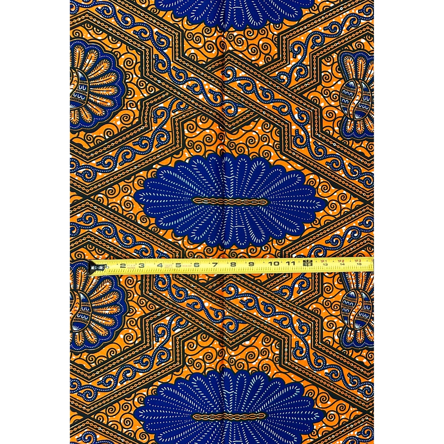 African Print Fabric/ Ankara - Orange, Blue, ‘Who Know No Dey Lost' Design, 1 YARD
