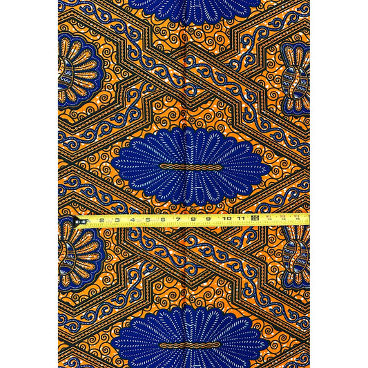 African Print Fabric/ Ankara - Orange, Blue, ‘Who Know No Dey Lost' Design, 1 YARD