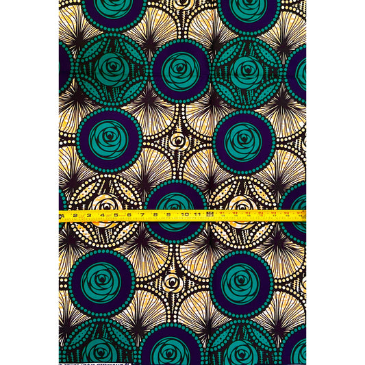 African Print Fabric/ Ankara - Green, Blue, Beige ‘Rotimi Rose' Design, YARD