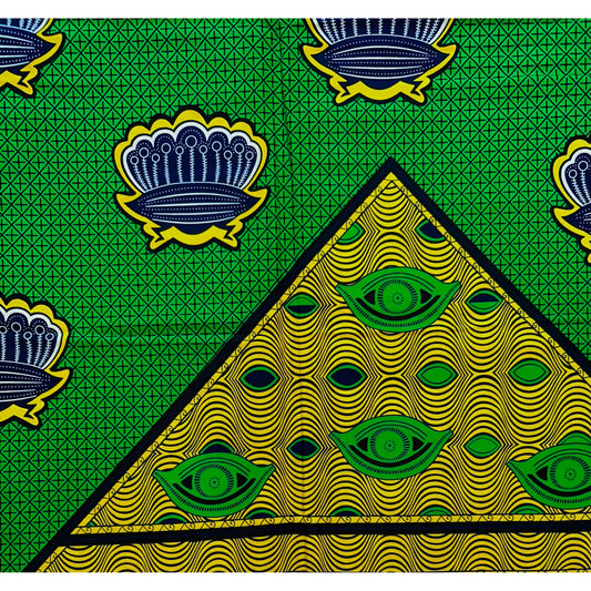 African Print Fabric/ Ankara - Green, Yellow, Navy "Ganizani", Yard or Wholesale