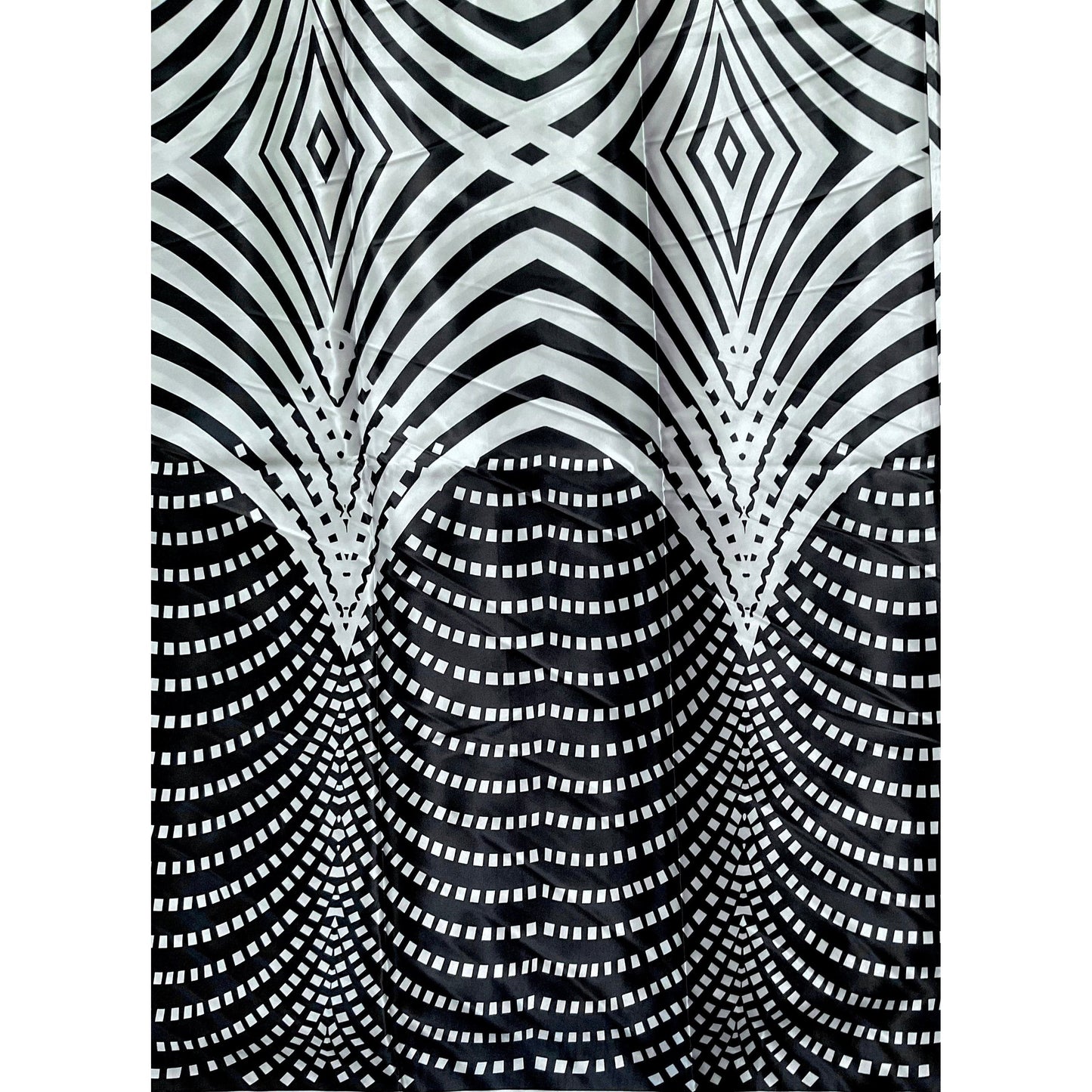African Print, Satin Fabric- Black, White "Lalibela Heights", Yard or Wholesale