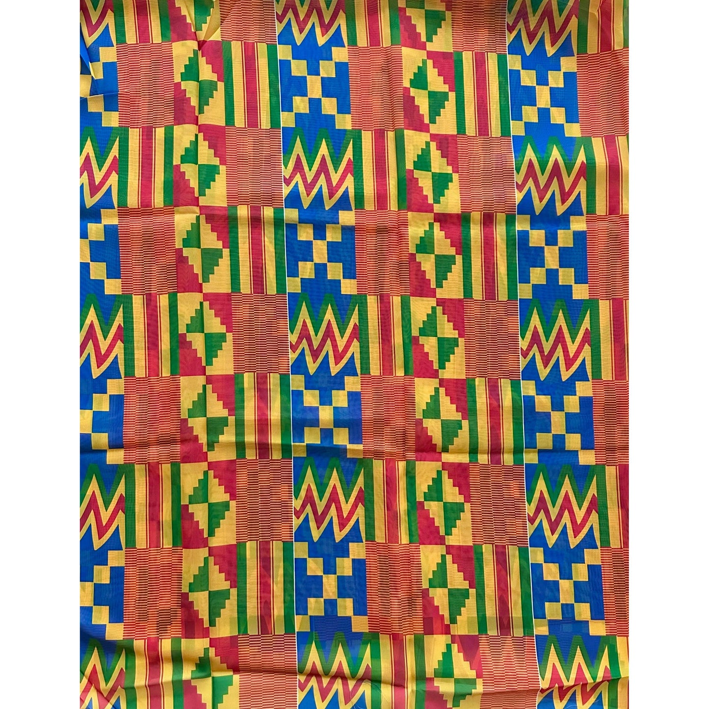 African Print, Chiffon Fabric - Yellow, Blue, Red, Green "Emperor’s Kente", ~2 Yards