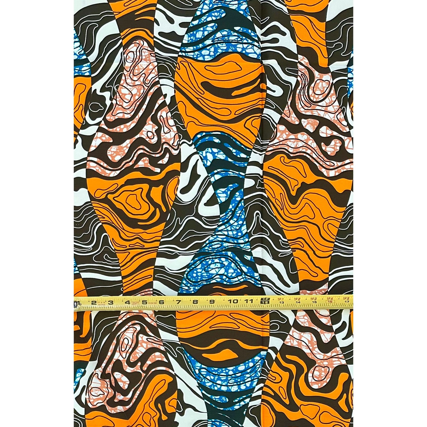 African Print Fabric/ Ankara - Orange, Blue, Brown, Green ‘Omi Ara Flow' Design, 1 YARD