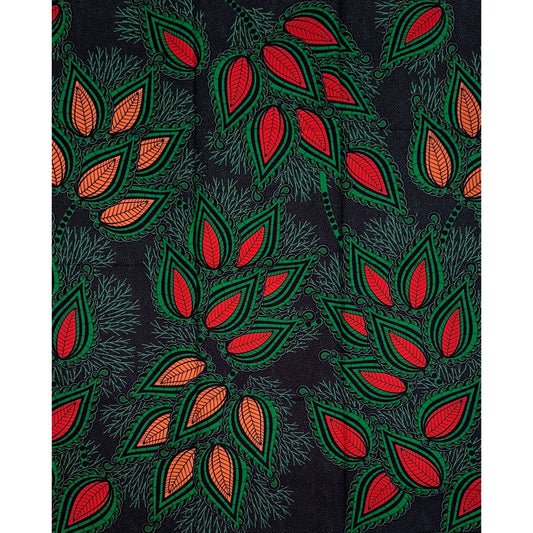 African Print Fabric/ Ankara - Green, Red, Coral ‘Leafy Matter' Design, YARD