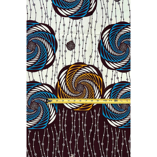 African Print Fabric/ Ankara - Cream, Blue, Brown 'Mzunguko Royale,’ 1 YARD