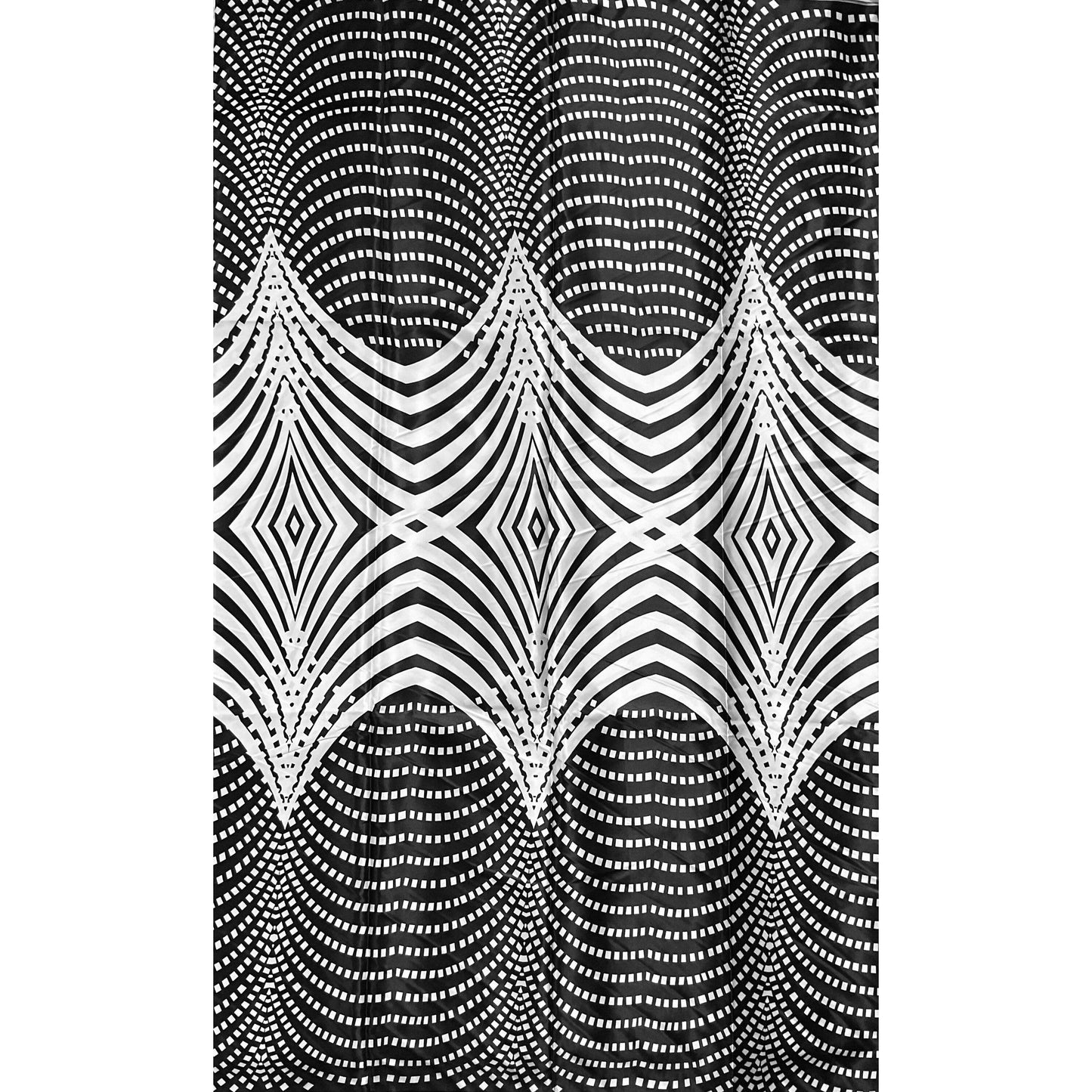 African Print, Satin Fabric- Black, White "Lalibela Heights", Yard or Wholesale