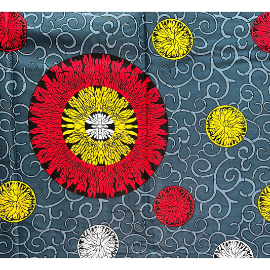 African Print Fabric/ Ankara - Gray, Red, Yellow "Reflection," YARD or WHOLESALE