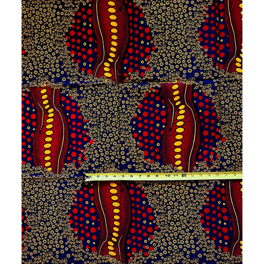 African Print Fabric/ Ankara - Red, Marigold, Blue ‘Backbone' Design, YARD