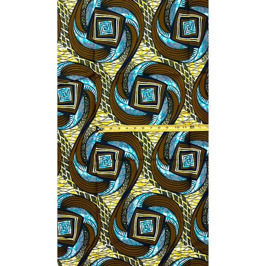 African Print Fabric/ Ankara - Brown, Yellow, Blue ‘Gullah Twist' Design, 1 YARD