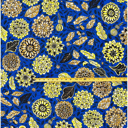 African Print Fabric/ Ankara - Blue, Yellow, Brown 'Ebele Garden' Design, 1Yard