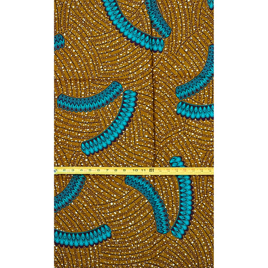 African Print Fabric/ Ankara - Brown, Teal ‘Bronze Tides' Design, 1 YARD
