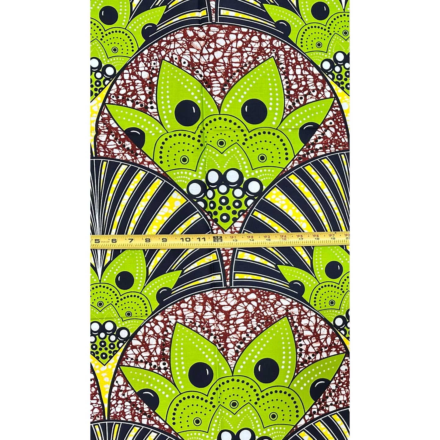 African Print Fabric/ Ankara - Green, Yellow, Brown 'Kumasi Crown' Design, 1 Yard