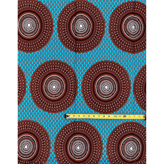 African Print Fabric/ Ankara - Brown, Blue 'Afia Lagosian,' YARD