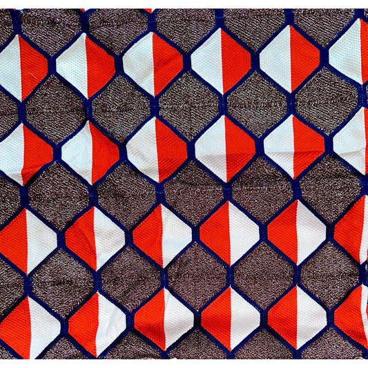 African Fabric/ Woven Kente - Brown, Orange, White, Navy, Silver “Afiwa”, 4 Yards