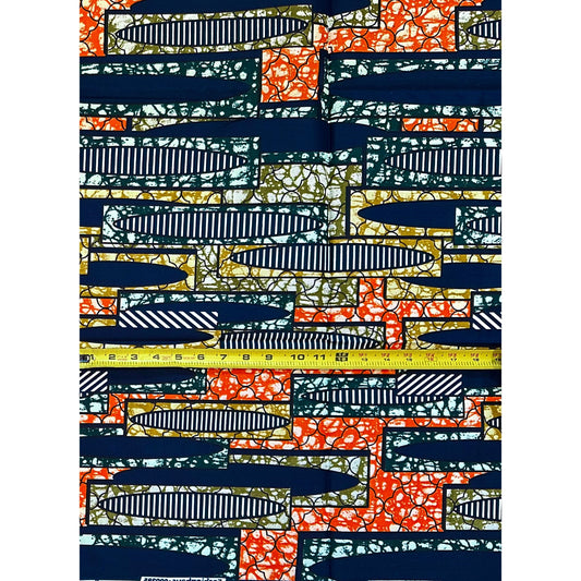 African Print Fabric/ Ankara - Orange, Green, Brown, Navy 'The Pieces Will Align,' YARD