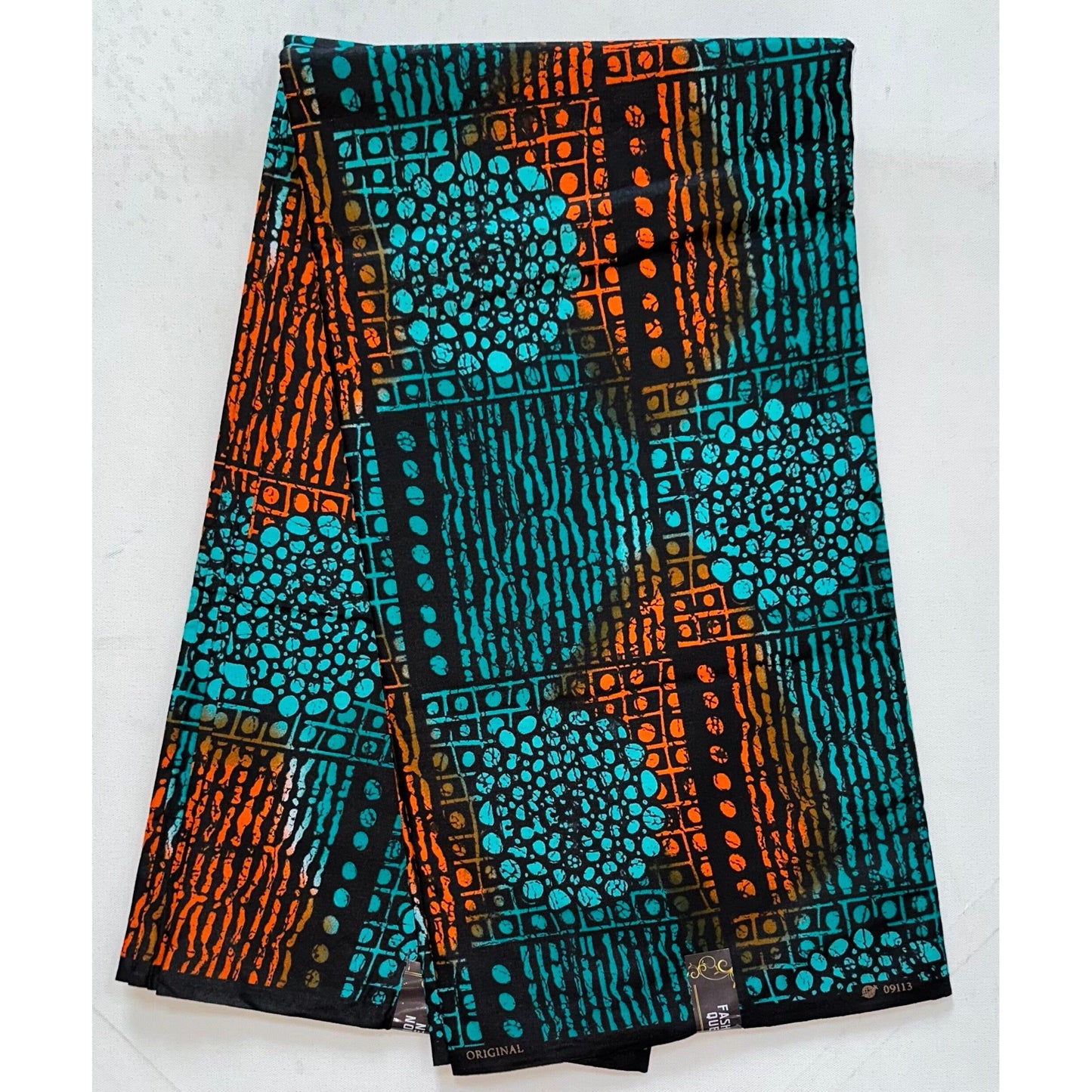 African Print Fabric/ Ankara - Teal, Orange, Black 'Sekou' Design