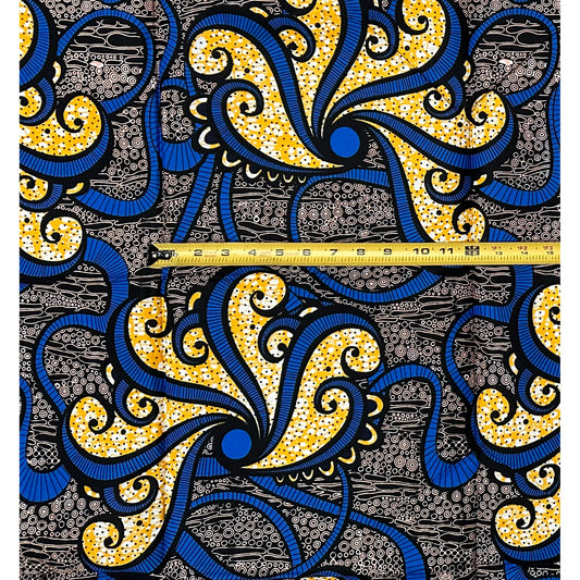 African Print Fabric/ Ankara - Blue, Orange ‘Kairo Flow' Design, 1 YARD