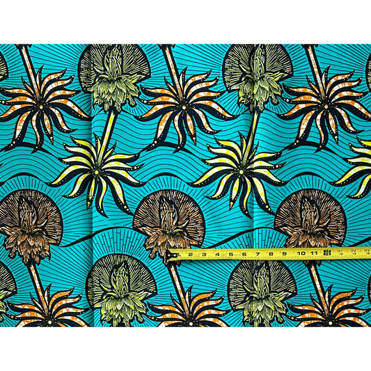 African Print Fabric/ Ankara - Turquoise, Yellow, Orange 'Coastal Sovereign', YARD or WHOLESALE