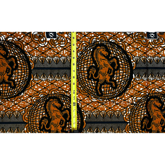 African Print Fabric/ Ankara - Brown, Blue 'Stallions of the Sahel', 1 YARD