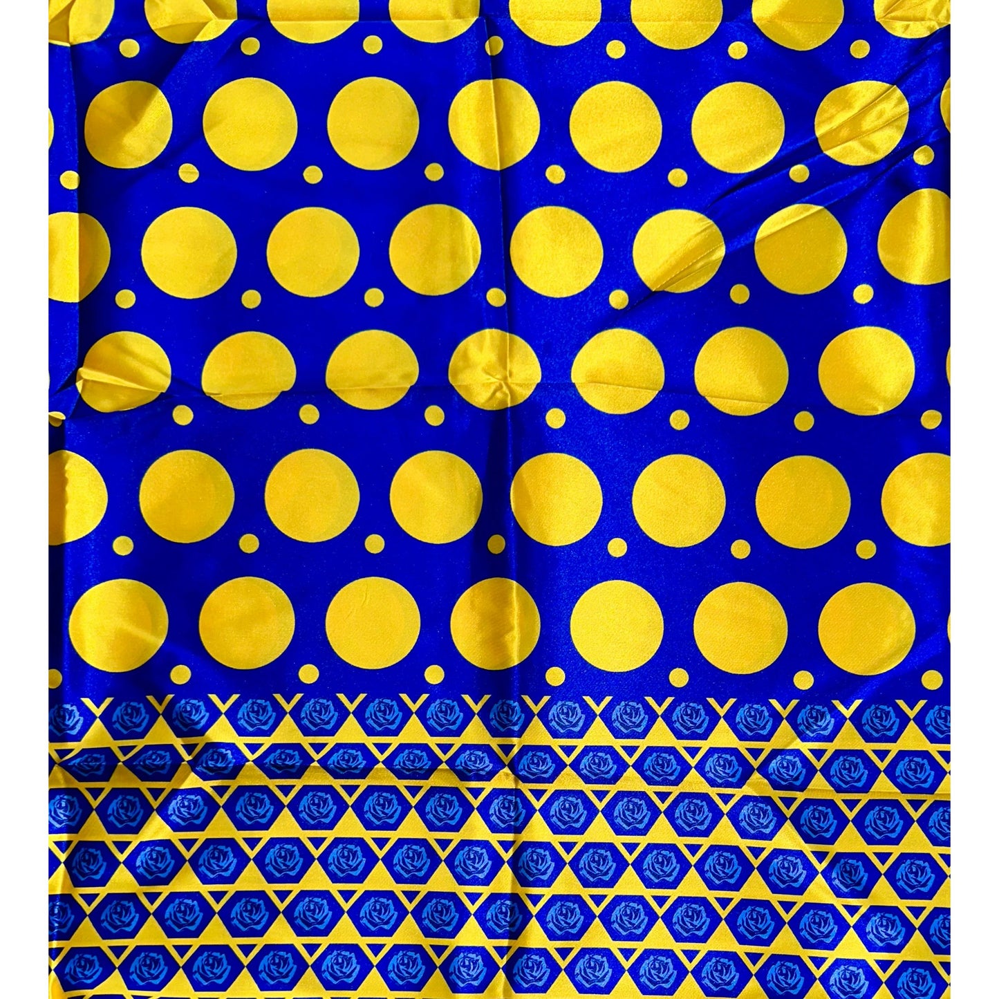 African Print, Satin Fabric - Blue, Yellow "Circles of Eliud", Per Yard or Wholesale