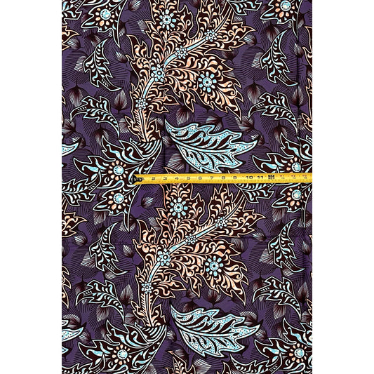African Print Fabric/ Ankara - Gray, Blue, Brown 'Leafy Driftvine,’ 1 YARD